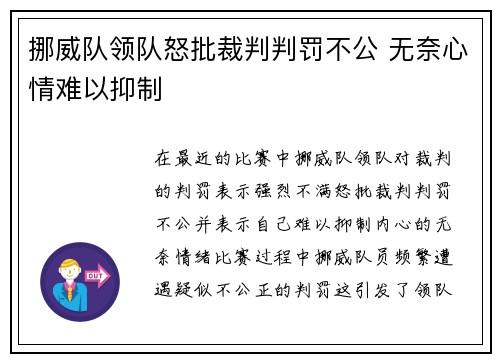 挪威队领队怒批裁判判罚不公 无奈心情难以抑制 挪威队领队怒批裁判判罚不公 无奈心情难以抑制
